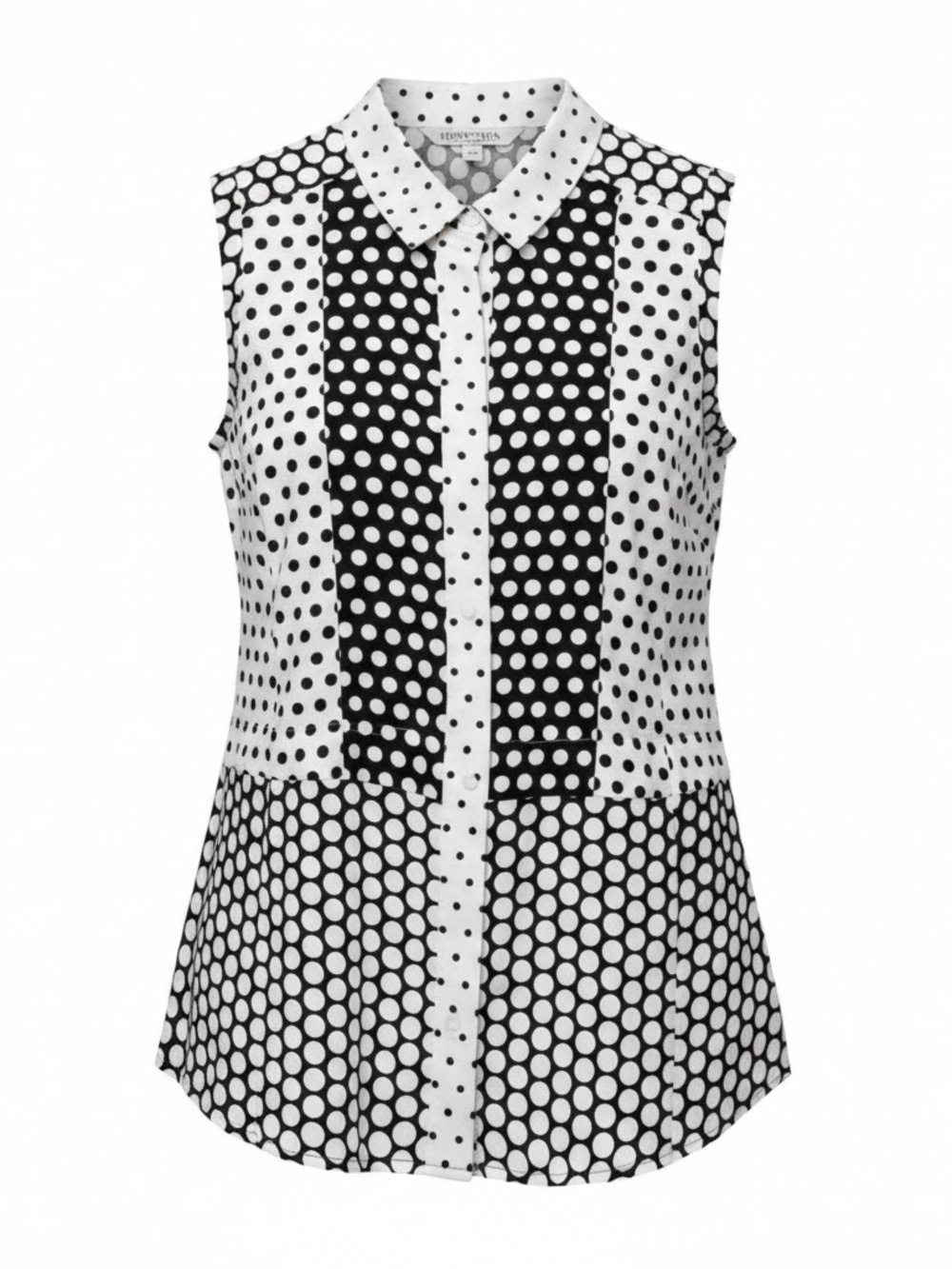 Sleeveless Black and White Polka Dot Button-Front Blouse